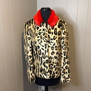 NWT Helene London Women’s Small Faux Fur Coat Collar Leopard Button Up Pockets